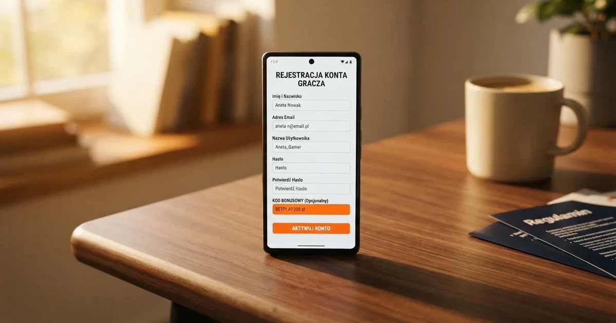 Smartfon z otwartym formularzem zakładania konta gracza i zakładką aktywacji środków bonusowych w sekcji Moje Konto