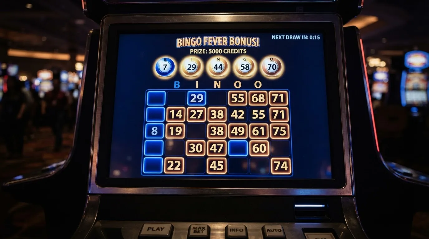 Ekran automatu do gry z kolorową planszą w stylu bingo i podświetlonymi liczbami