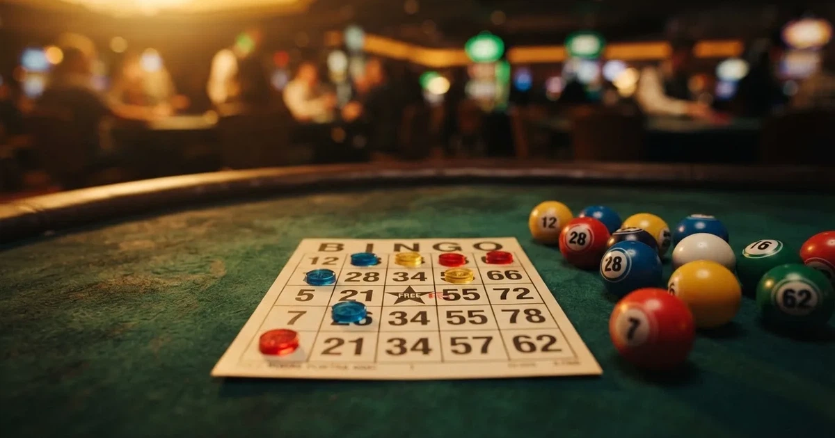 Karta do bingo z odznaczonymi liczbami obok wylosowanych kulek na stole w kasynie online