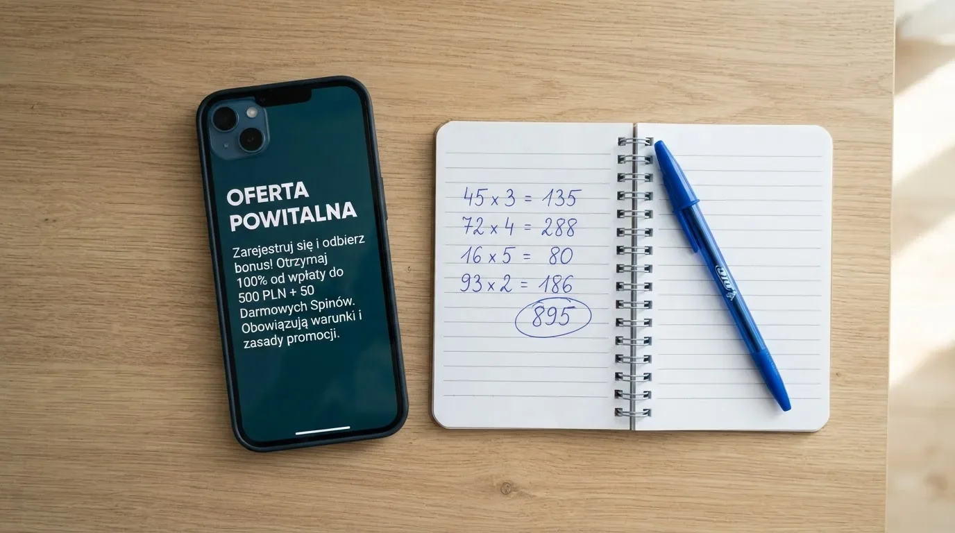 Smartfon z ekranem warunków bonusu za rejestrację i notes z odręcznie wyliczonym wymogiem obrotu