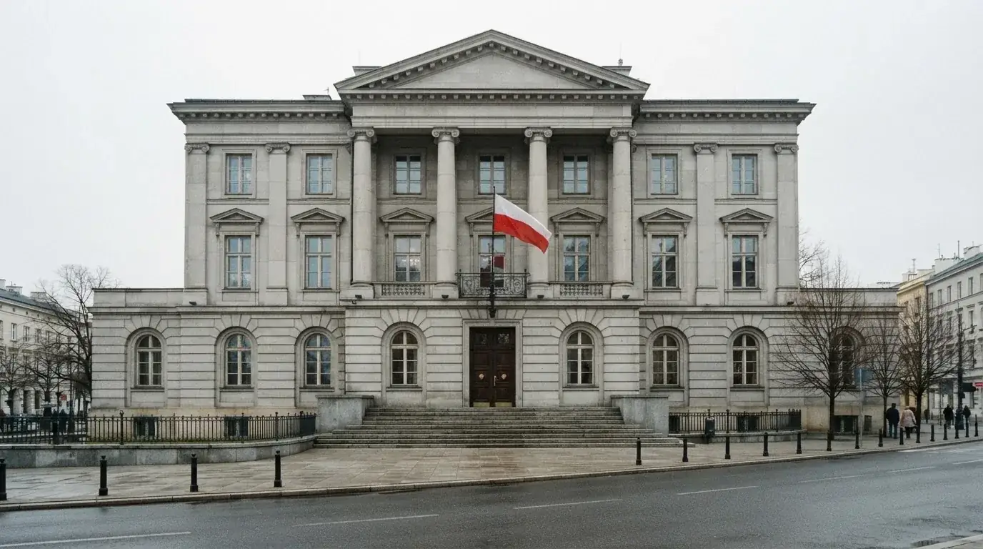 Fasada budynku instytucji państwowej z flagą Polski, symbol nadzoru regulatora nad rynkiem gier hazardowych