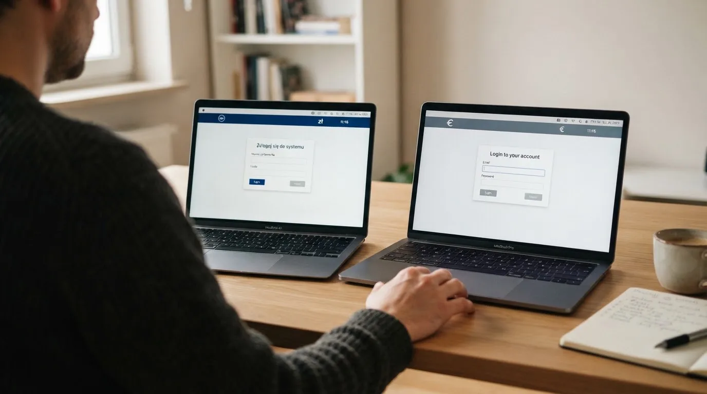 Dwa ekrany logowania kasyna online obok siebie na biurku, jeden z polskim interfejsem złotówkowym, symbolizujące porównanie dwóch różnych serwisów