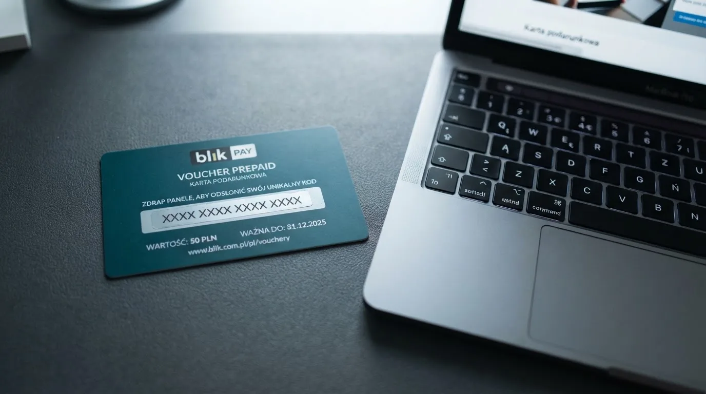 Karta przedpłacona Paysafecard z zasłoniętym polem kodu PIN obok klawiatury laptopa