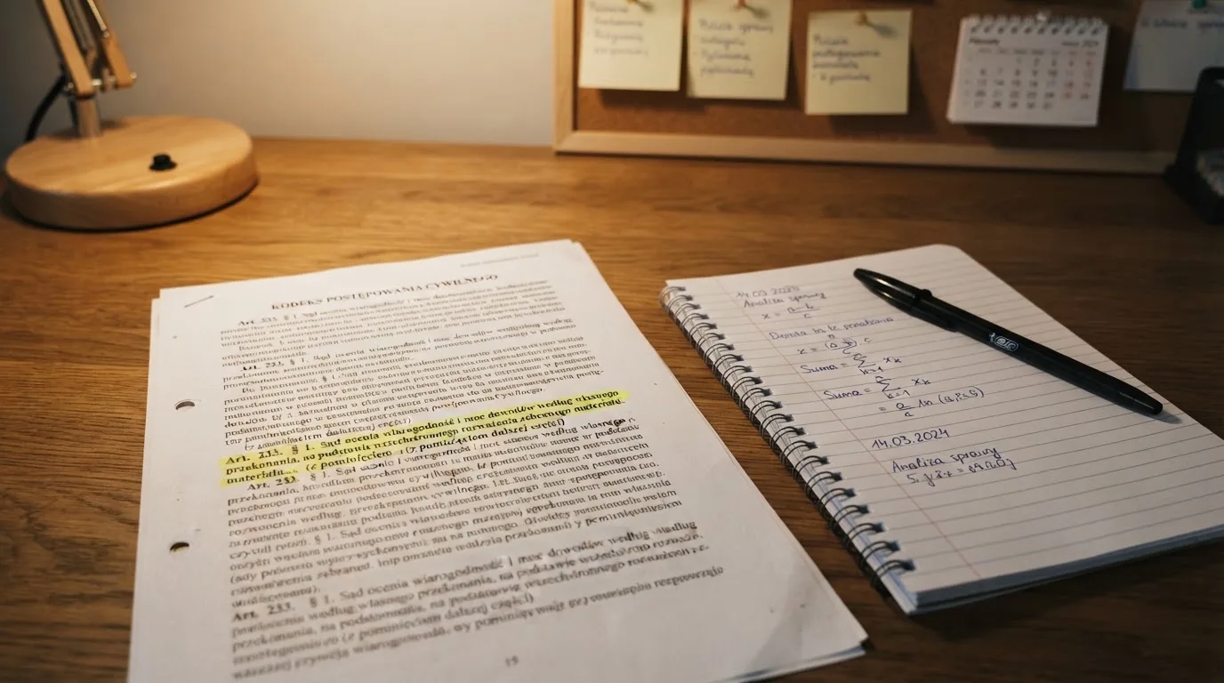Wydruk kodeksu karnego skarbowego z zakreślonym artykułem obok kalkulatora i długopisu na biurku