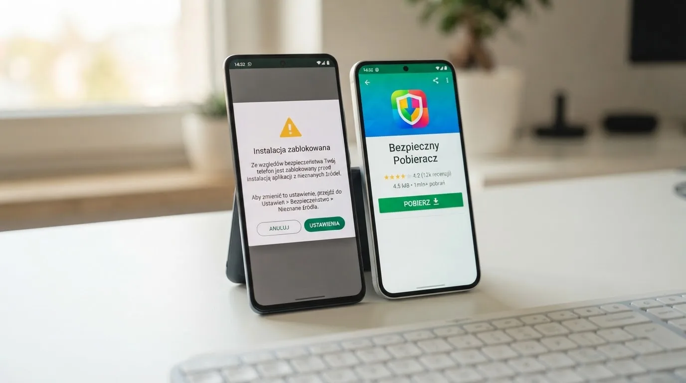 Dwa telefony obok siebie: na jednym komunikat zgody na instalację pliku APK z nieznanego źródła, na drugim strona aplikacji w sklepie z przyciskiem pobierania
