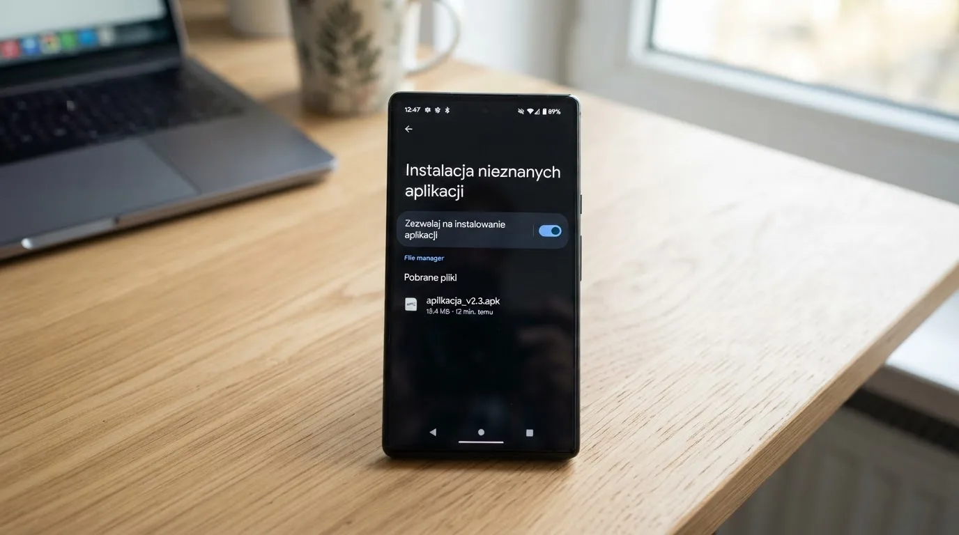 Ekran ustawień Androida z przełącznikiem zgody na instalację aplikacji z nieznanego źródła i pobranym plikiem instalacyjnym na liście
