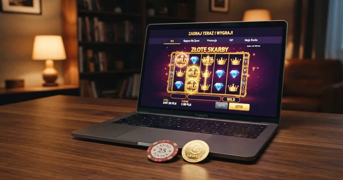 Ekran laptopa z otwartą stroną porównania kasyn online obok fizycznego żetonu i symbolu kryptowaluty Bitcoin Cash.