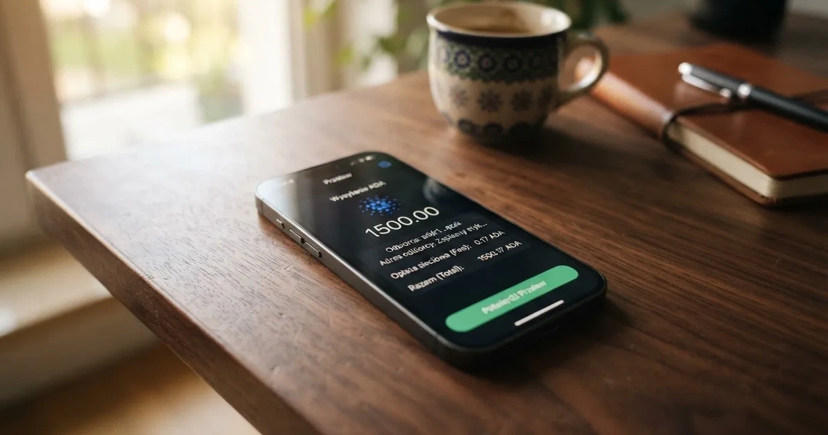 Ekran aplikacji portfela kryptowalutowego w trakcie wysyłania przelewu w sieci Cardano (ADA)