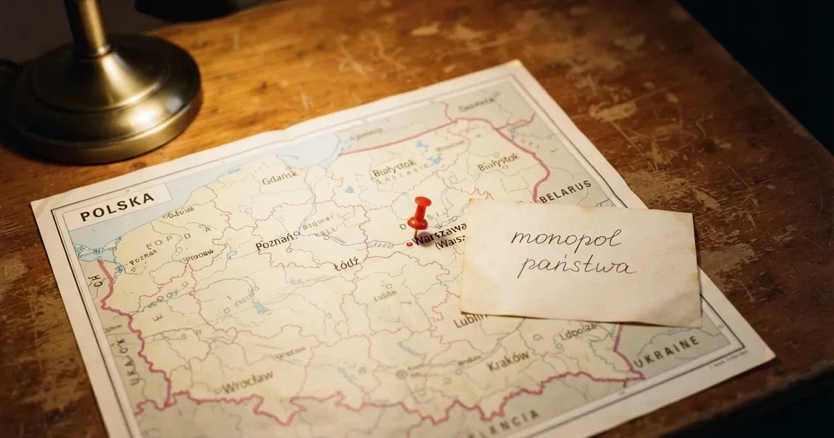 Mapa Polski rozłożona na biurku z jedną czerwoną pinezką wbitą w Warszawę i kartką z odręcznym dopiskiem o monopolu państwa