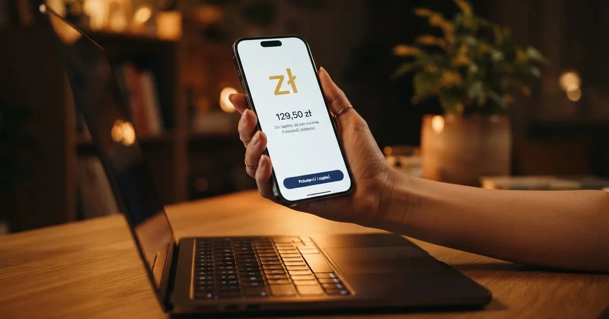 Dłoń trzymająca smartfon z ekranem płatności mobilnej nad klawiaturą laptopa