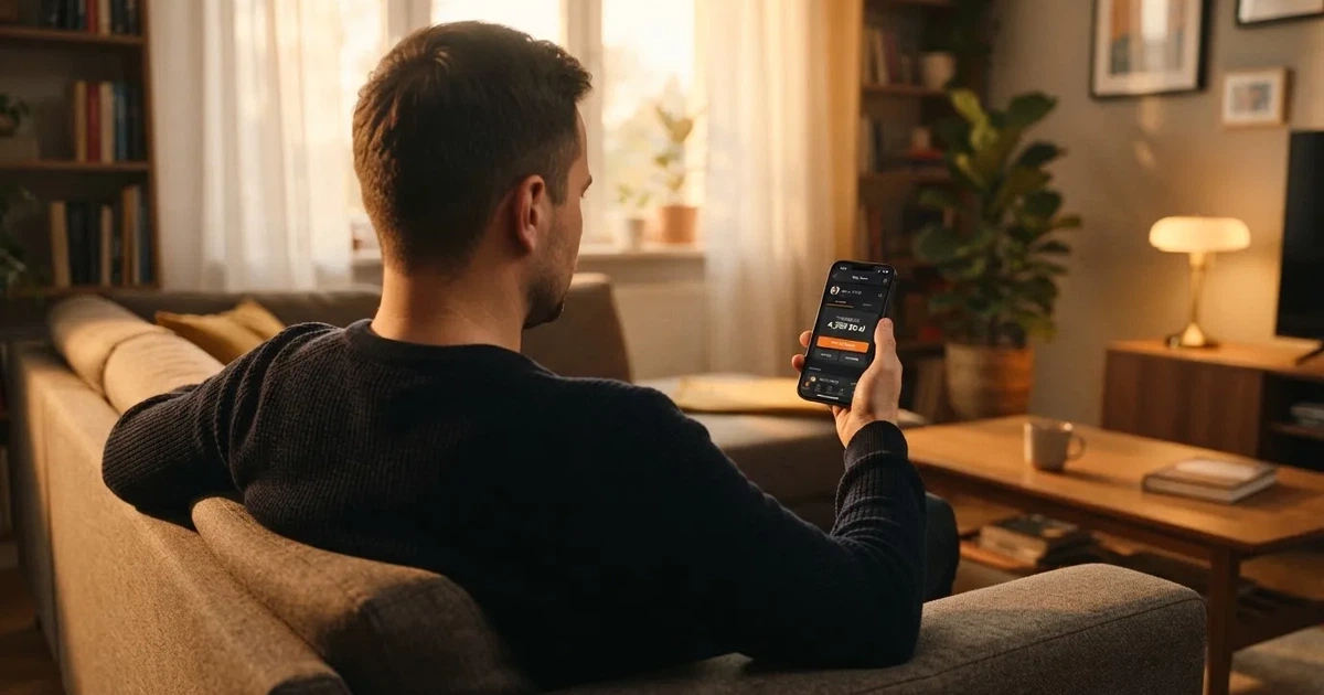 Dorosły mężczyzna na kanapie trzyma smartfon z Androidem, na ekranie saldo konta gracza w złotych obok przycisku wypłaty