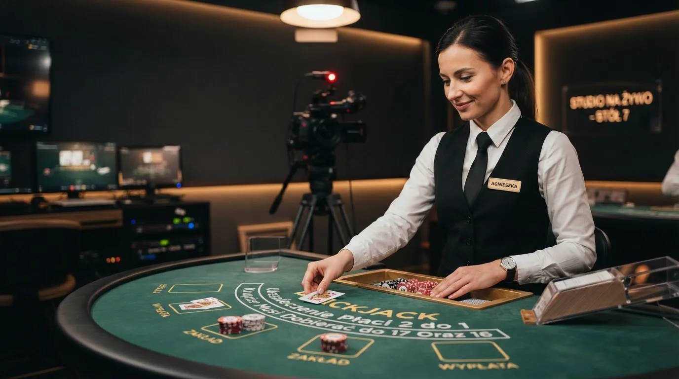 Krupier rozdający karty przy stole blackjacka podczas transmisji na żywo