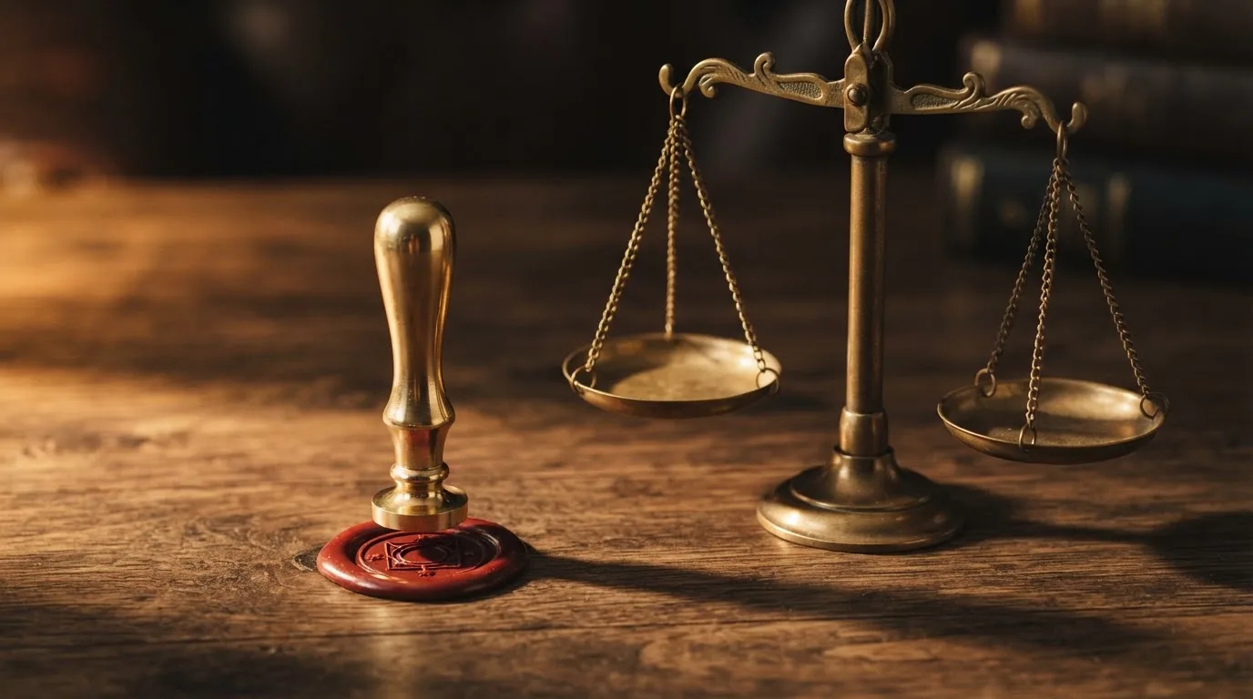Symboliczna pieczęć urzędowa i waga obok ekranu logowania do serwisu hazardowego