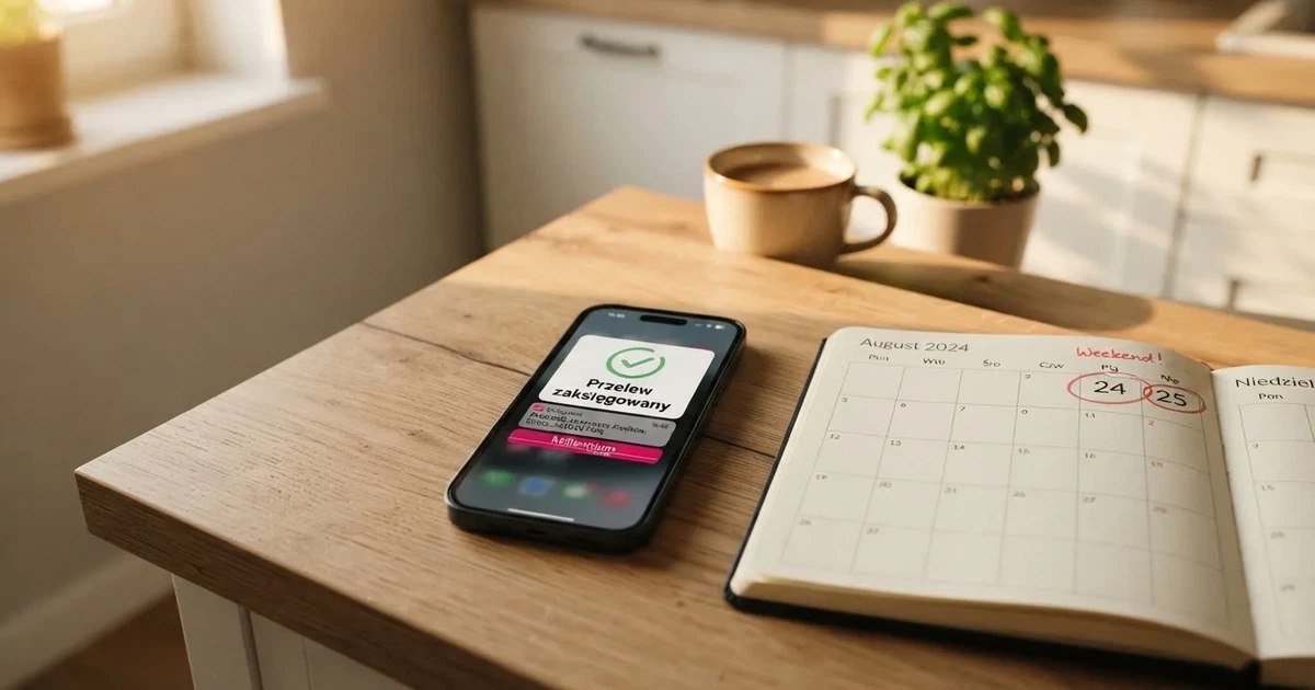 Smartfon z powiadomieniem o zaksięgowanym przelewie przychodzącym, obok papierowy kalendarz z zakreśloną sobotą i niedzielą