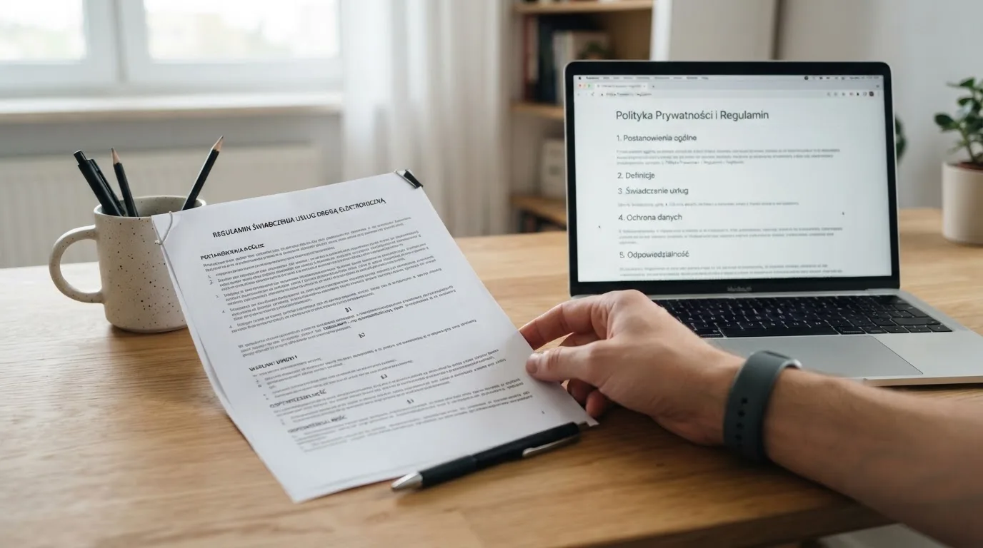 Dokument regulaminu operatora kasyna online rozłożony obok laptopa z otwartą stroną warunków gry