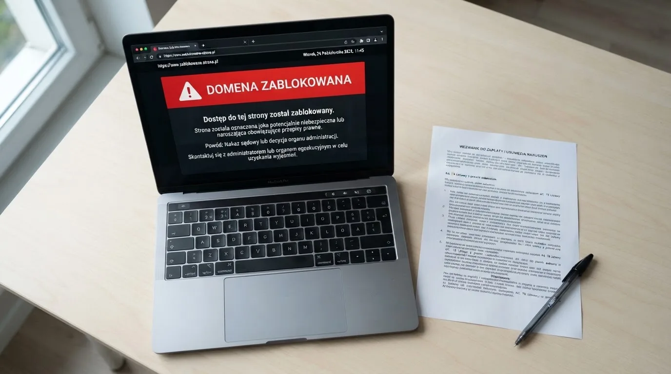 Ekran laptopa z komunikatem o zablokowanej domenie kasyna, obok wydruk ustawy o grach hazardowych i długopis