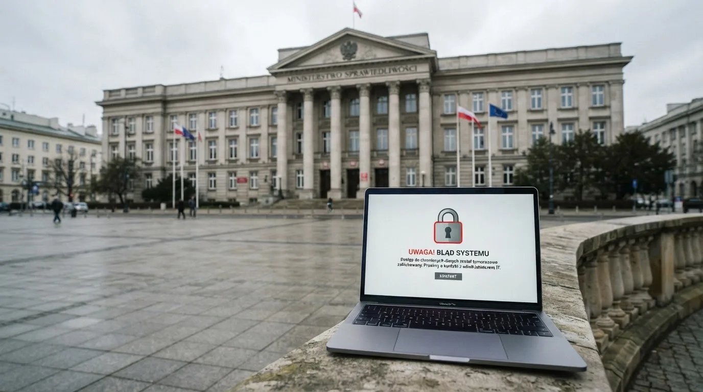 Budynek urzędu z tablicą ministerstwa, na pierwszym planie laptop z komunikatem o zablokowanej stronie kasyna