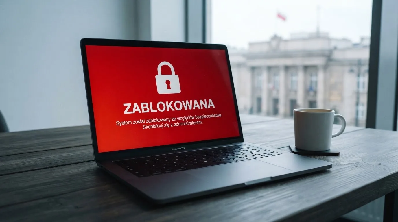 Laptop z komunikatem o zablokowanej stronie hazardowej, w tle budynek urzędu z tablicą ministerstwa