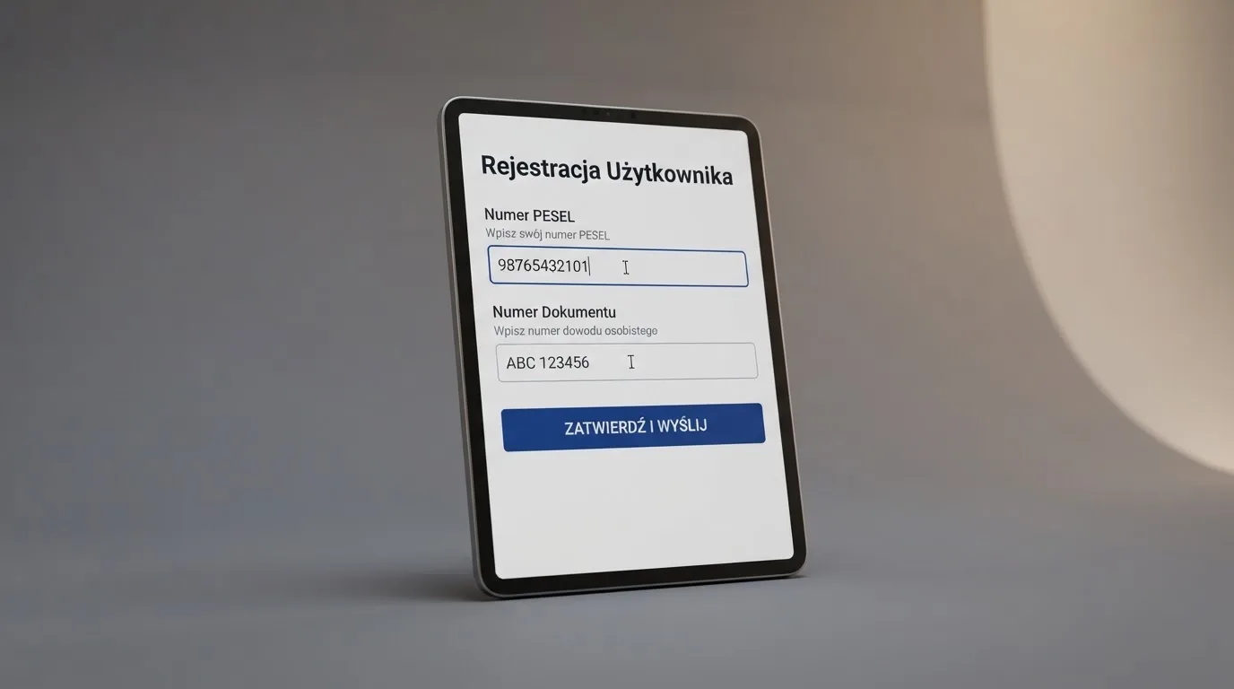 Formularz rejestracji konta gracza z polami na PESEL i numer dokumentu tożsamości na ekranie tabletu