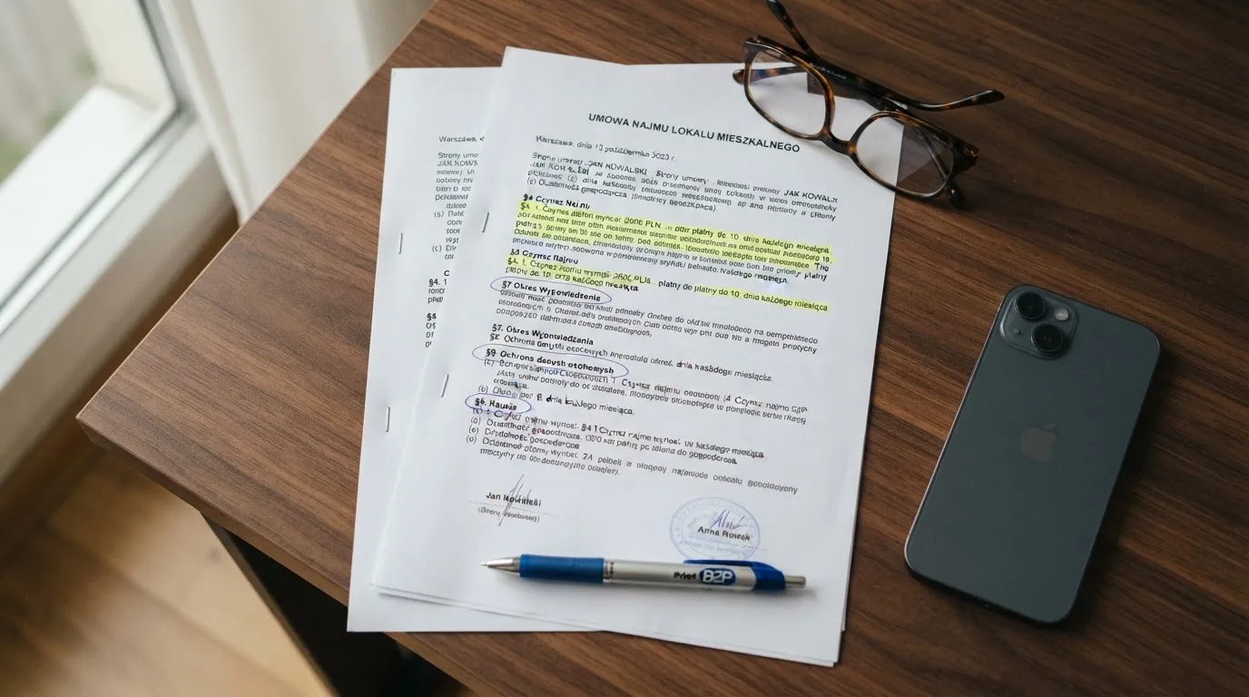 Wydruk ustawy o grach hazardowych z zakreślonymi artykułami leżący na biurku obok wyłączonego smartfona