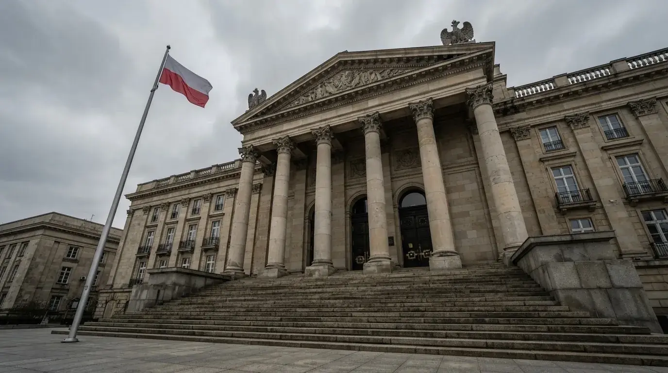Budynek urzędu administracji państwowej z flagą Polski na maszcie w tle