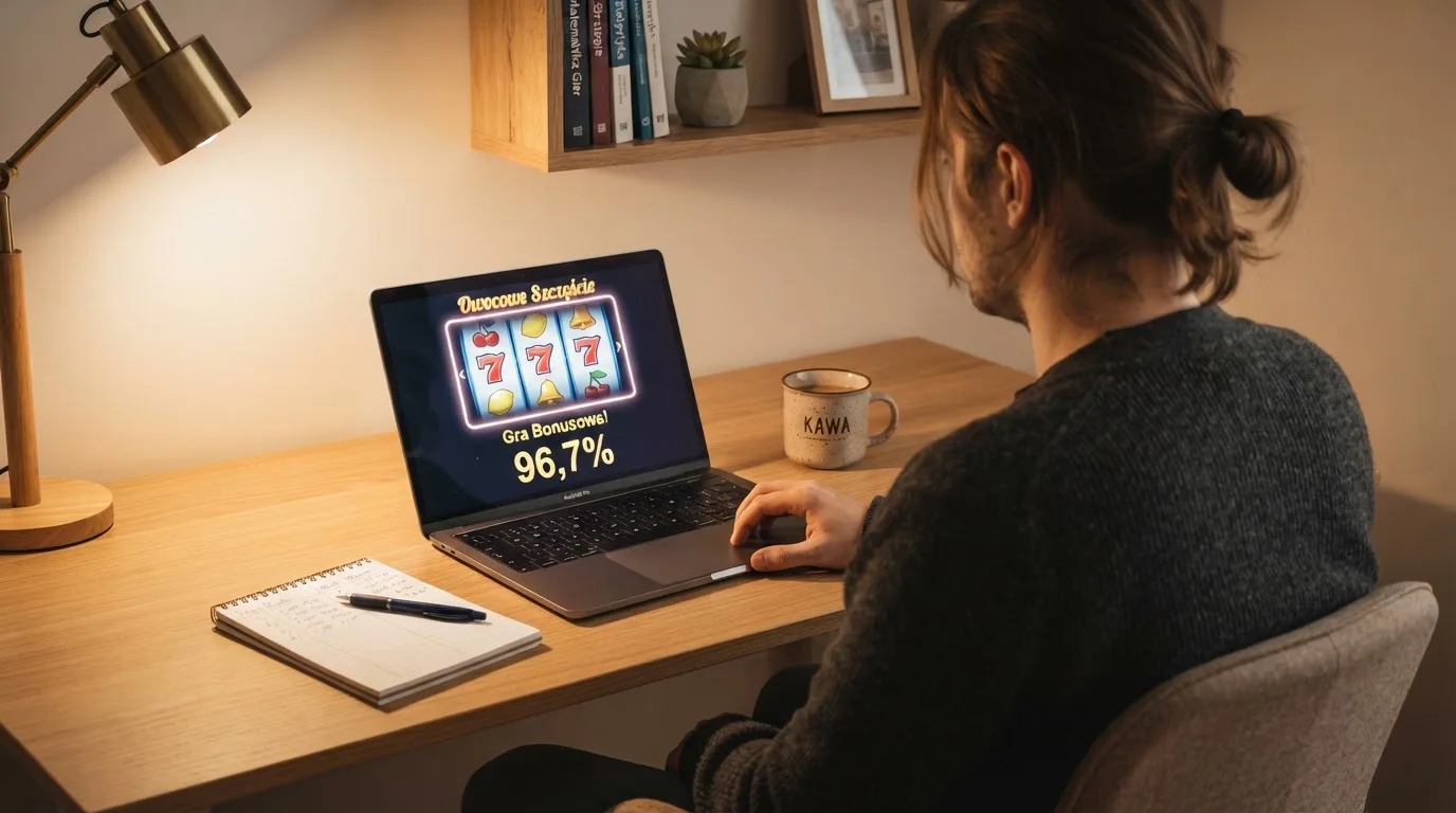 Ekran laptopa z tabelą porównawczą kilku serwisów kasynowych, bez widocznych logotypów marek
