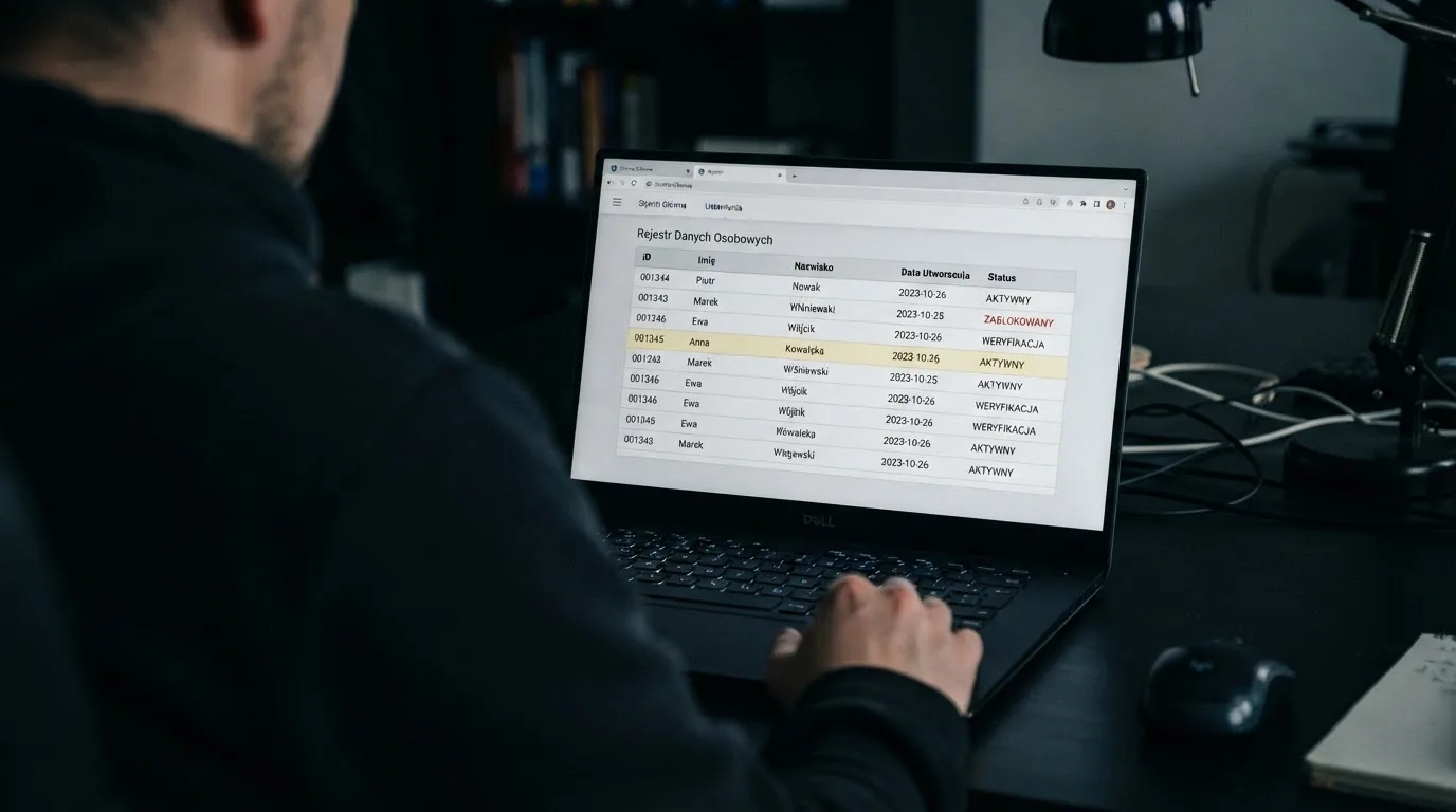 Ekran laptopa z otwartym rejestrem licencji regulatora z Curaçao, w którym jeden wiersz zaznaczono żółtym podświetleniem