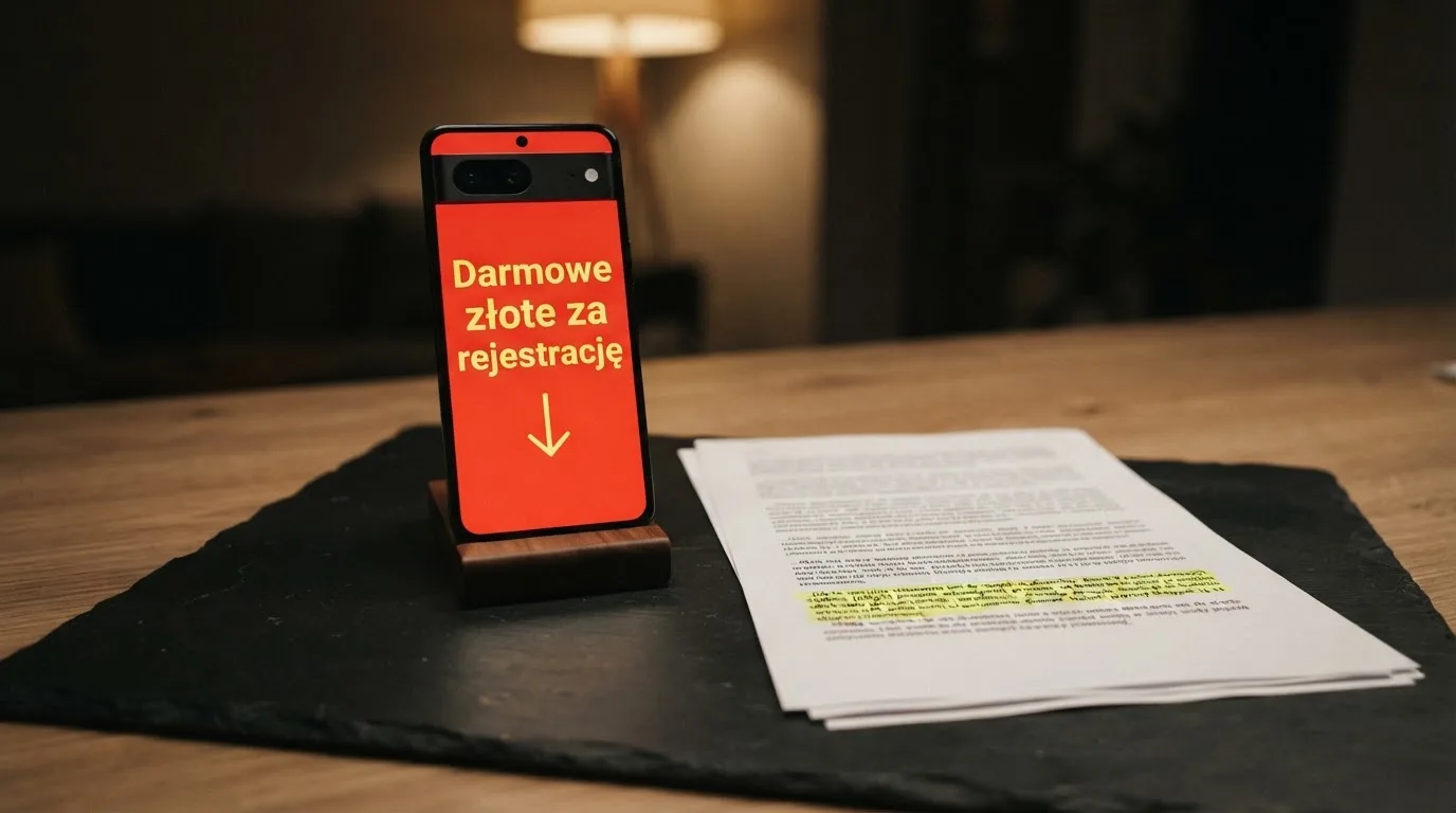 Telefon z banerem obiecującym darmowe złotówki za założenie konta, obok wydrukowany tekst ustawy o grach hazardowych z zaznaczonym artykułem