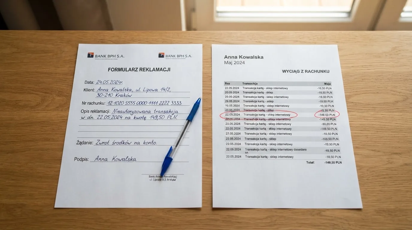 Wydrukowany formularz reklamacji leżący na biurku obok długopisu i wyciągu bankowego z zakreśloną pozycją