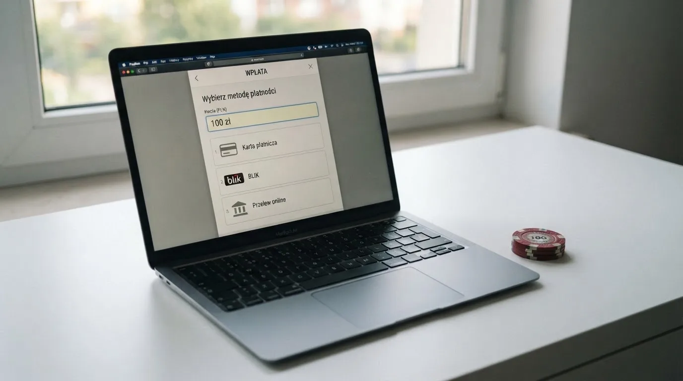 Laptop z oknem wpłaty na ePortfel, wpisana kwota 100 zł i lista metod: BLIK, karta płatnicza, szybki przelew