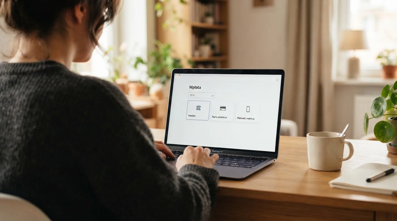 Laptop z otwartym formularzem wpłaty na kwotę 20 zł i wyborem między szybkim przelewem, kartą płatniczą a BLIK-iem