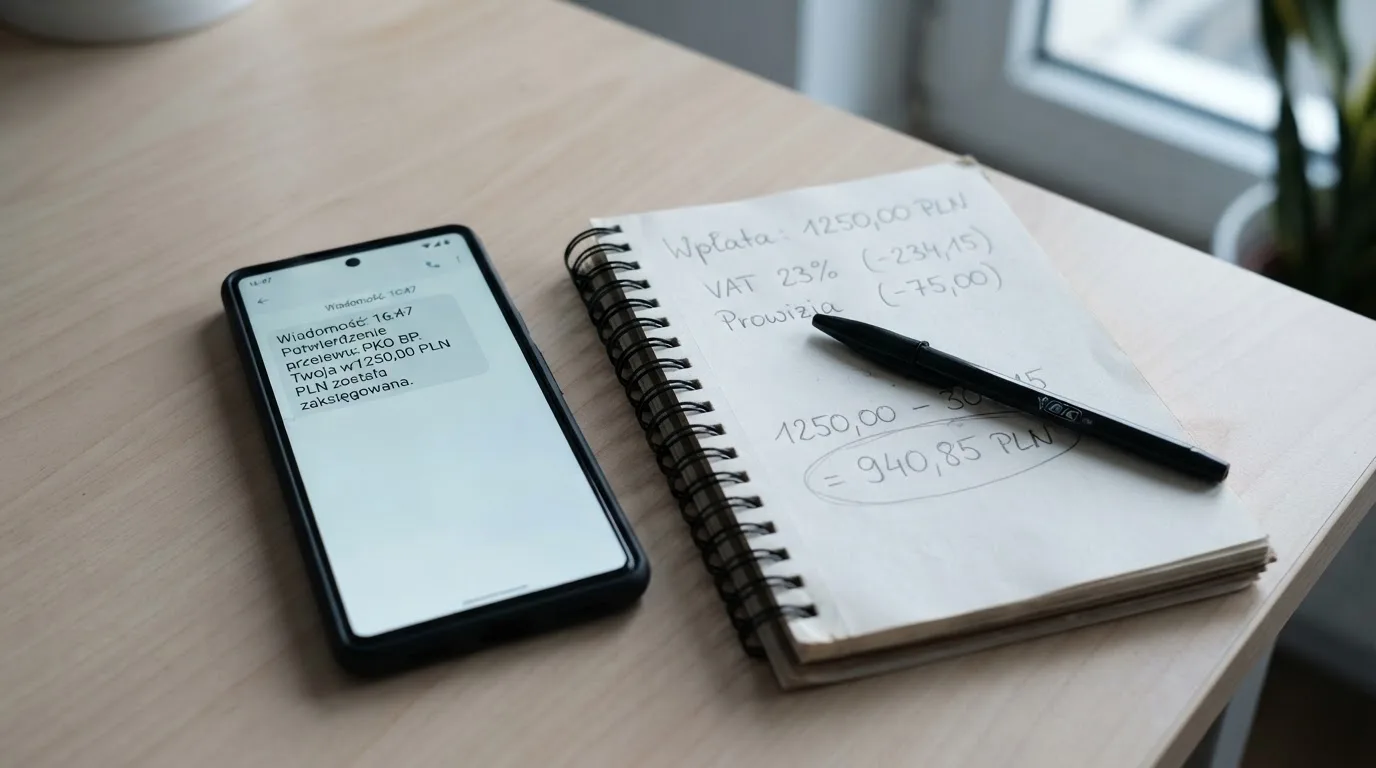 Ekran telefonu z wiadomością SMS obok kalkulatora liczącego opłaty