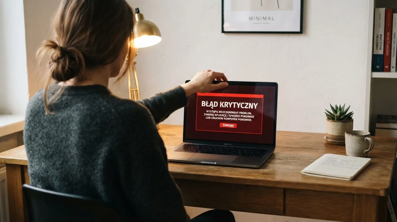 Osoba zamykająca laptop z widocznym komunikatem o błędzie na ekranie, siedząc przy biurku.